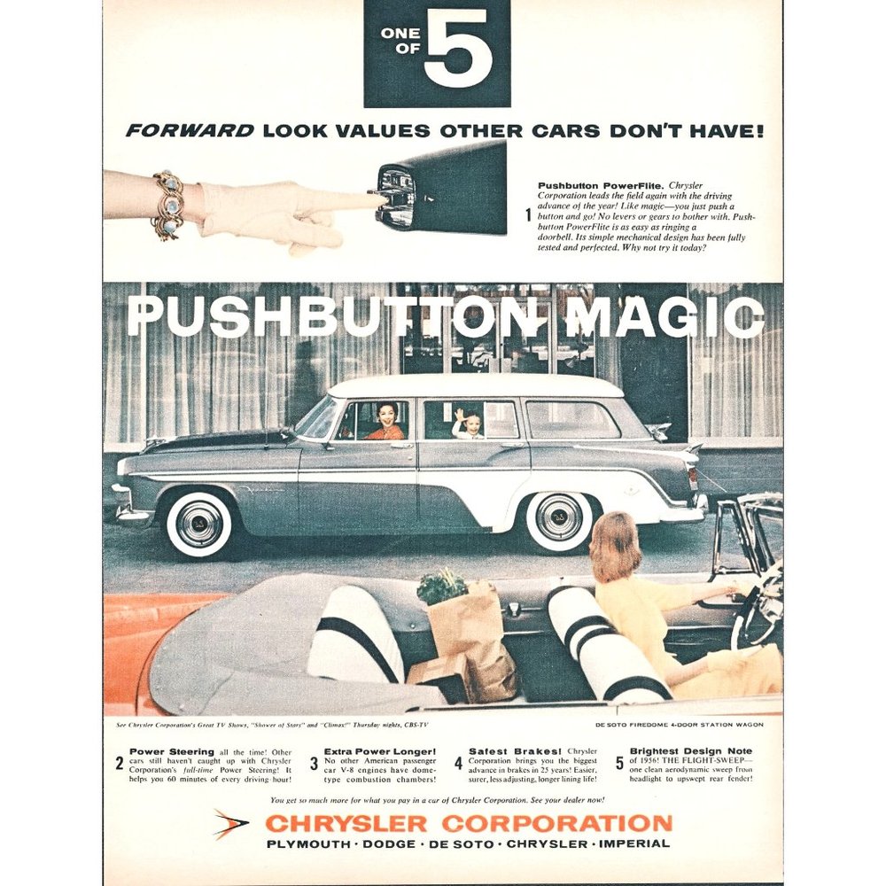 1956 Chrysler De Soto Firedome Station Wagon Vintage Print Ad Housewife Grocery
